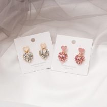 Japan and South Korea 925 silver pin girl cute peach heart pink zircon diamond earrings Joker sweet temperament short earrings