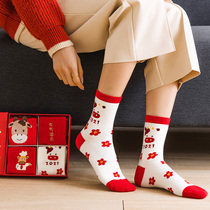 Red womens socks & hosiery female year the year of the ox cai xiao ren tube socks cow mens winter cute embroidery cow pattern