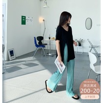 Wang grape slightly fat mm high waist hanging wide leg casual pants womens 2020 summer thin loose thin mop pants