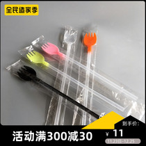 Disposable fruit tea straw with fork long straw fork spoon answer milk tea straw extended fruit tea special 25cm