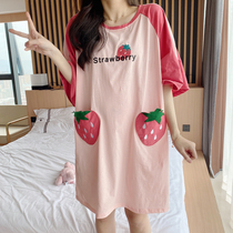 Night dress womens summer pure cotton short-sleeved Korean version loose large size fat mm200 kg strawberry student pajamas womens home clothes