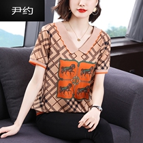 Yin Yo Doll Collar Short Sleeve T-shirt Woman 2022 Xia Big Code Ocean Gas Aging Printed Petty-Middle-aged Mom Loose
