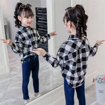 Girls long sleeve shirt thin Western style spring and autumn cotton inch shirt zhong da tong 2021 autumn black and white plaid shirt