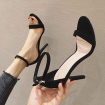 Sandals women 2022 new female summer dew tote with button suede fine heel black temperament high heel shoe fairy wind