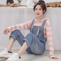 Cowboy straps pants girls autumn clothes 2021 new junior high school students Foreign style Korean version loose age two-piece set