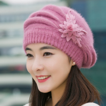 Hat woman Winter Korean version of flower Rabbit wool cap Thickened Berehat Warm Knit Wool Cord Hat Autumn Winter Mom Cap