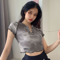 European and American ins tie-dyed chain Top letter embroidery wooden ear Joker slim fit high waist short sleeve T-shirt female summer