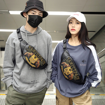 Tide brand leather messenger bag mens waist bag dumpling bag trend casual womens chest bag shoulder bag bag embroidery bag