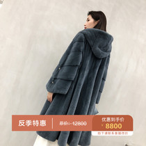2020 new mink coat female whole mink medium long section hooded imported velvet mink fur coat over the knee