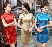 Spring and summer new improved cheongsam printed cheongsam dress large size slim mother dress fashion banquet etiquette performance