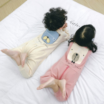 Girls' one-piece pajamas spring and autumn 2021 new cotton sleeping bag crew clothes for boys and girls cartoon bear home clothes