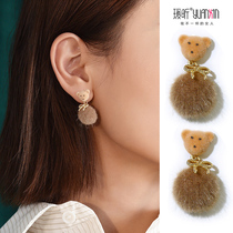 Earrings suitable for round face Bear hairball ball earrings earrings ear clip without ear hole female new net red temperament fairy air ear ornaments
