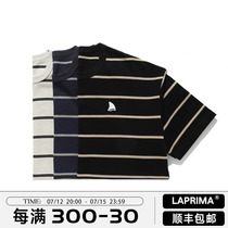 LAPRIMA new 21SS striped short sleeve t-shirt pure cotton 100 lap loose tooling cityboy shark fin embroidery