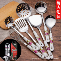 Ceramic handle Stainless Steel Cookware Pan Shovels Suit Soup Leaking Spoon Frying and Cooking Kitchen Utensils Han Style Racks