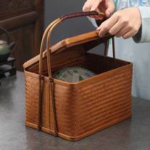 Bamboo basket antique Chinese handbox tea cake storage box picnic refreshment box grain creative box portable Blue