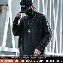 Xiaobin Guochao sweater mens high collar autumn and winter Tide brand solid color patch long sleeve pullover loose coat sweater tide