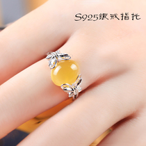 S925 silver ring hollow toDIY inlaid honey wax green pine stone silver accessories to the female diy 11 *11 10 * 12 8 * 8