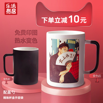 Creative hot water temperature change cup Ceramic water cup can print photos diy custom couple mug with lid spoon
