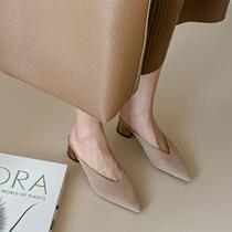 Baotou slippers women wear sharp head thick heel summer leather cool cool fashion no heel half drag Muller shoes women