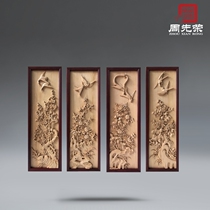 Zhou Xianrong Dongyang wood carving solid wood porch spring summer autumn and winter wall hanging four screens hand-carved Chinese background wall customization