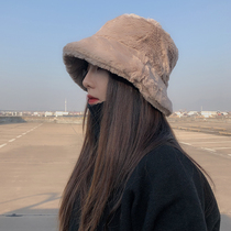 Korean version thickened rabbit plush flat top fisherman hat Womens winter hat wild solid color warm snow thickened fur hat
