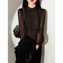 Europe station 2022 Summer new printed GOLD GENUINE SILK SHIRT WOMAN RETRO FLORAL LACE STANDOUT SLIM LONG SLEEVE BLOUSE