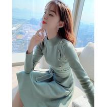 Knitted dress womens autumn and winter 2020 new bottomed sweater skirt green small long-sleeved stand-up collar