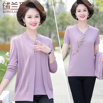 Middle aged woman Spring and autumn clothes short sleeve cardiovert real two sets of elderly woman moms summer clothing knitted blouses