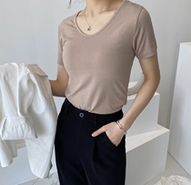 Brown top 2020 new summer ice silk Korean solid color u collar Joker stretch retro chic short sleeve t-shirt women