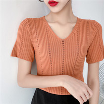 Hollow ice silk sweater womens 2021 new pullover summer v-neck top slim outside wear short T-shirt base shirt