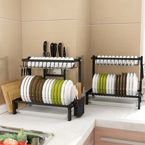 Stainless steel kitchen shelf Black countertop drain bowl rack Double layer drying bowl rack Chopsticks storage box dish rack