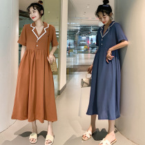 Pregnant women dress summer hot mom professional knee long dress thin Belly Belly size fat mm French retro maternity dress