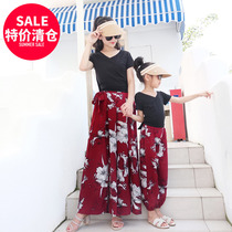Different parent-child clothing 2021 new summer Net red mother Womens Foreign style beach T-shirt casual wide leg pants set