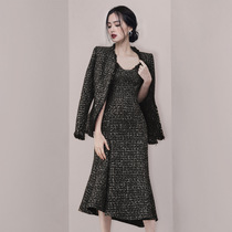 Light cooked style suit Female royal sister style jacket sexy suspender fishtail skirt socialite temperament two-piece suit