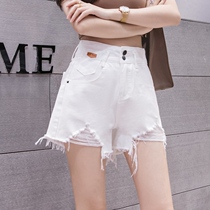 White Denim Shorts Womens Summer Thin web Red overfire High waist explicit Thin Holes Easy to Loose A Character Hot Pants Outside