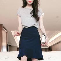 Summer 2020 new Hepburn style professional fishtail skirt suit Hong Kong flavor two-piece suit royal sister temperament wear light cooked wind