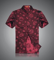 Chinese style summer thin mulberry silk short sleeve Tang suit middle-aged and elderly men loose large size collars collar shirt men