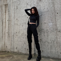 2021 black fried street overalls womens spring autumn and winter locomotives wind riding pants slim small man high-waisted pants