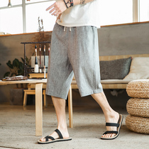Chinese style linen shorts mens cotton linen loose casual 7-point pants Capri pants wide legs beach pants bloomers summer