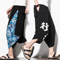 Summer beach linen shorts male loose fat and fattening lantern seven-point pants Chinese wind 7-point pants tide