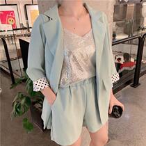 Three-piece summer Net red Korean sequin suspender sling one button small suit jacket wide leg shorts suit women tide