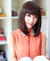 Full real hair medium long straight hair wig feminine temperament lady fluffy short hair pear flower head real hair