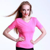Red dance shoes 35061 silk light cotton front V rear round collar short sleeve blouses workout yoga dance bodysuit dance bodysuit dance bodysuit