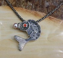 2014 S925 Thai silver -- fish -- inlay -- zircon -- waglin -- Pearl -- sterling silver -- Pendant