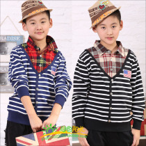 Boy fake two coats CUHK long sleeve T-shirt sweatshirt children pure cotton striped shirt fake two pieces of spring and autumn 179