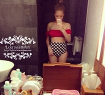 Thai retro net red sexy red ruffles two-wear off-the-shoulder one-line collar small chest underwire swimsuit female conservative