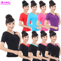 Dance costume practice uniform square dance mercerized cotton double V front V collar short sleeve half sleeve top round neck