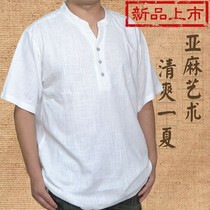Fat plus size mens linen T-shirt summer thin mens cotton linen short sleeve T-shirt loose linen half sleeve shirt men