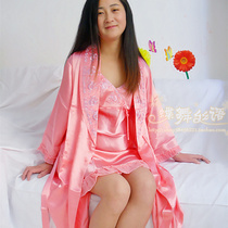 High-grade elegant woman embroidered lapel kimono Lady simulation silk suspender nightgown silk suit with belt 6 colors