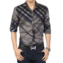 Spring mens long-sleeved shirt Mens Korean slim slim iron buckle plaid striped shirt Casual top base shirt